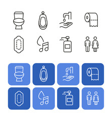 ブルーのスクエア背景が印象的なトイレ・洗面所アイコンセット（トイレ・手洗い・ペーパー・男女マーク・音符・ソープなど衛生関連をライン描画で表現／青系UIや施設サイン向けベクター素材） / Blue Square Restroom & Hygiene Icon Set