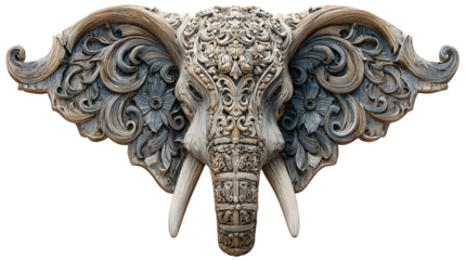 ornate elephant head with decorative floral patterns, artistic sculpture, isolated on white background