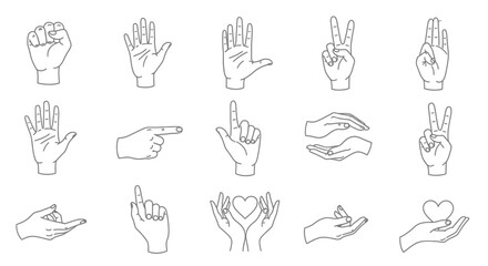 Line art illustrations of various hand gestures and sign language symbols © MdGolam