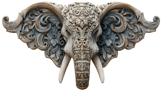 ornate elephant head with decorative floral patterns, artistic sculpture, isolated on white background