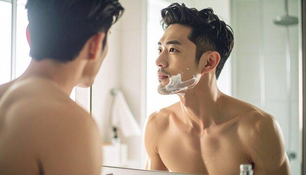 ひげをそる男性の写真
