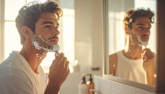 ひげをそる男性の写真