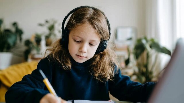 Girl studying with headphones on laptop doing homework in calm home space