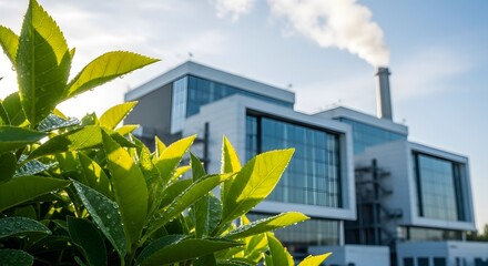 Modern industrial building with a chimney emitting smoke, framed by vibrant green foliage against a bright blue sky.
