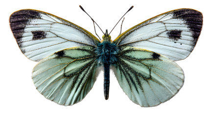 pale green butterfly with black wing tips, delicate form and soft lighting, isolated on white background
