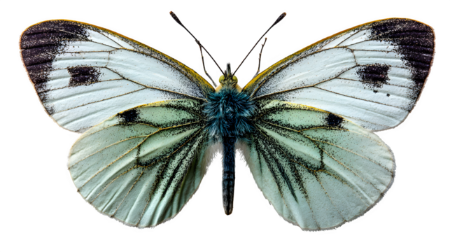 pale green butterfly with black wing tips, delicate form and soft lighting, isolated on white background