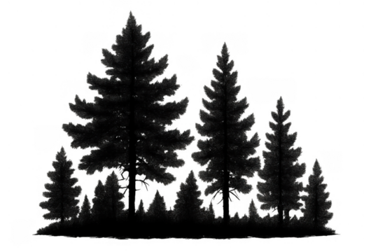 Pine trees forest silhouette with evergreen woods on transparent background, showing nature and outdoor scene