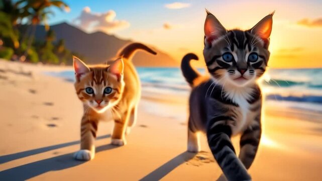 Two kittens walking on a sunny beach.