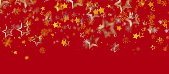 Abstract Christmas background with falling gold stars and snowflakes on a vibrant red backdrop. Perfect for seasonal greetings and holiday desig © vegefox.com