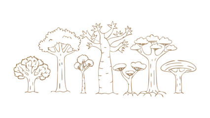 Diverse Tree Silhouette Collection: Showcasing a variety of stylized trees, this line art piece captures the essence of nature's beauty and diversity, creating a minimalist yet impactful design.