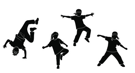 Silhouettes of children actively engaged in various dynamic dance poses