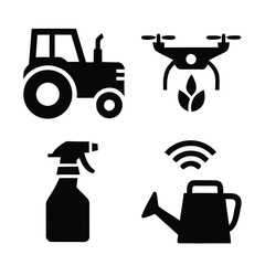 Modern agriculture technology icons including tractor drone watering can and spray bottle