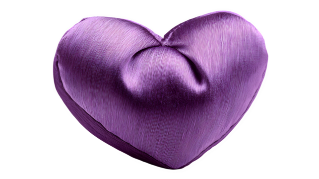 purple heart cushion, plush valentine decor with satin fabric, isolated on white background