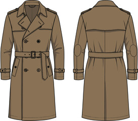Naklejka premium Classic trench coat fashion illustration, front and back view, technical sketch, belted outerwear, double-breasted design, garment template, retail reference