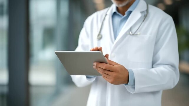 male physician adjusting stethoscope while reading lab results on tablet soft keystrokes digital integration three quarter wide angle cinematic color correction gentle backlight