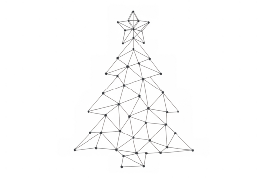 Christmas tree forming from connected dots and lines representing digital network, technology, and holiday connection on transparent background