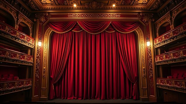 presto. Opulent opera house box with red velvet curtains and golden decorative details. real-estate listings, architecture portfolios, designed for interior renovation comparisons for interiors.