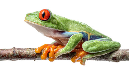 red-eyed tree frog perched on branch, vibrant amphibian, isolated on white background