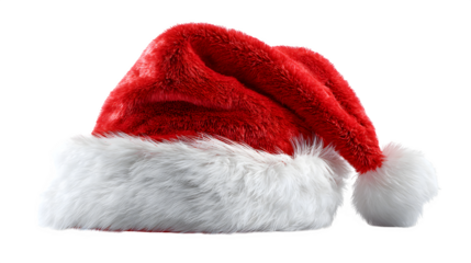red Santa hat with white fur trim and pom-pom, holiday accessory, isolated on white background
