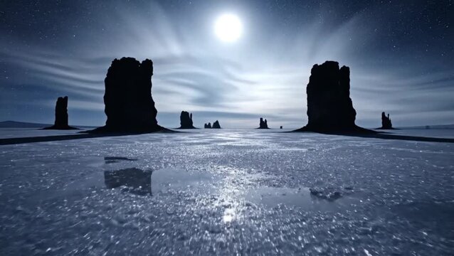 Mystical Moonlit Landscape with Towering Rock Formations and Icey Terrain Under a Starry Sky
