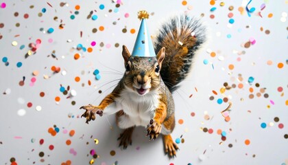 Lively Squirrel Wearing Party Hat with Confetti Falling Around