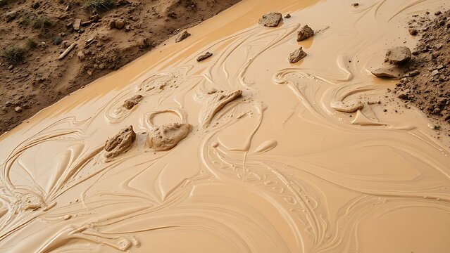 phonolite. Muddy slurry flowing down a hillside, creating viscous patterns in natural daylight. ESG reports, sustainability campaigns, designed for environmental awareness campaigns.