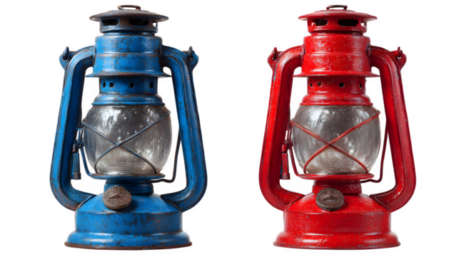 red and blue kerosene lantern, vintage style, isolated on white background