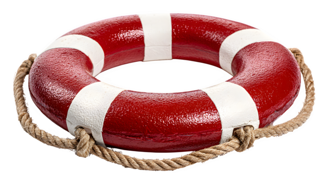 red and white life buoy with rope, sea safety equipment, isolated on white background