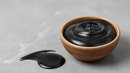 cosmopolitanism. Ceramic bowl with black cosmetic mask on gray background, beauty product close-up. lifestyle magazines.
