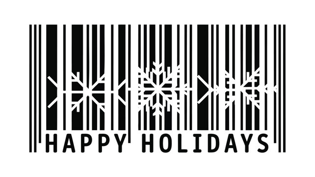 Happy holidays greeting with snowflakes integrated into a modern barcode design on white background