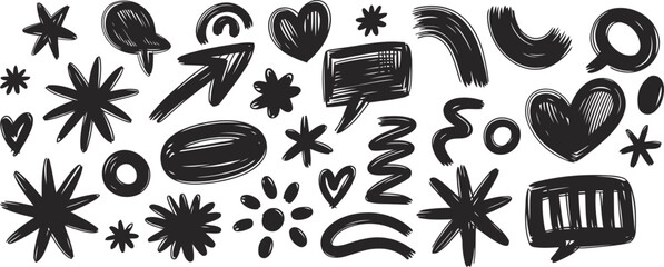 Variety of handdrawn black graphic elements such as stars, hearts, arrows, and speech bubbles isolated on white background