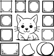 Cute cat face with whiskers and ears, surrounded by empty frames and fruit, simple line drawing