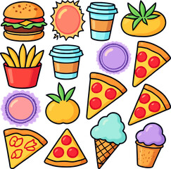 A colorful collection of fast food and sweet treats, including burgers, fries, pizza, ice cream, and drinks, isolated on a white background