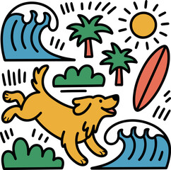 Golden retriever dog jumping with surfboard and palm trees, sunny day at the beach, doodle art