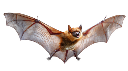red fruit bat flying midair, wings open wide, tropical mammal detail, isolated on white background