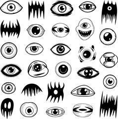 A collage of bizarre and unusual eyes and alienlike monster faces, drawn in a sketchy style, isolated on white background