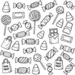 Hand drawn collection of various candies and sweets isolated on white background