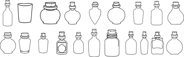 Collection of hand drawn glass bottles and jars isolated on white background