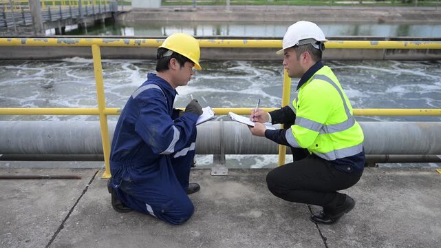 Engineers inspecting and discussing processes at a wastewater treatment plant focused on purification, recycling, and clean water reuse for sustainable industrial water management.