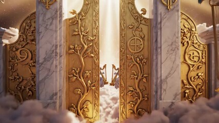 Heavenly gates opening in dramatic light with angelic figures and cloudscape - Powered by Adobe
