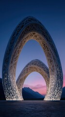 Double Arch Sculpture At Sunset With Mountains