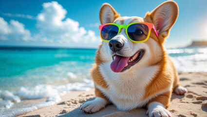 Happy corgi dog wearing sunglasses relaxing on a sunny beach vacation