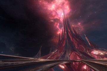 Abstract Futuristic Space City With Glowing Red Structures