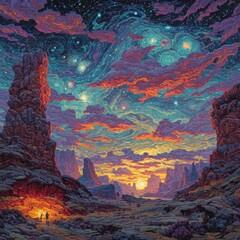 Pixel Art Desert Landscape Sunset With Stars