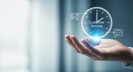 Hand Holding Clock with Icons Representing Customer Service and Communication Concepts