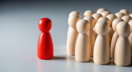 Red wooden figure isolated from group of natural figures on gray-blue background symbolizing social bias and discrimination