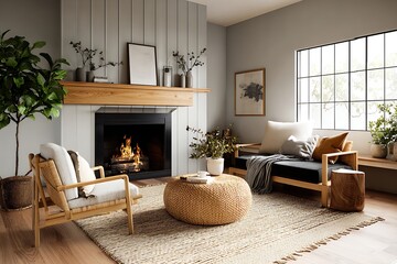Fototapeta premium Cozy modern living room with wooden fireplace and ample natural light from large window