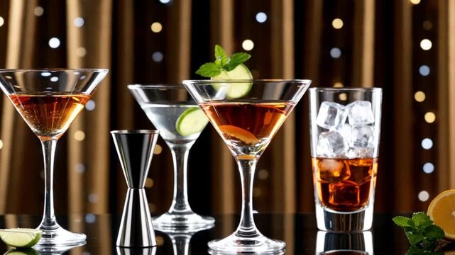 Elegant cocktails displayed in a luxurious bar setting &mdash; featuring an Old Fashioned, Martini, and Highball with ice and a shaker on a reflective table, creating a sophisticated and refined atmosphere.