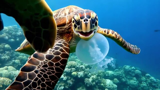 Hawksbill turtle hunting jellyfish underwater near Nusa Penida Island, Bali &mdash; a breathtaking glimpse into vibrant marine life and the beauty of the ocean.