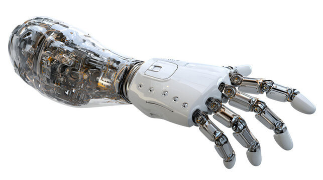 robotic hand reaching out, futuristic technology concept, isolated on white background